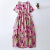 2025 Summer New Printed Cotton and Linen Dress Women's Loose Lace-up Waist Round Neck Short Sleeve Medium and Long A-word Skirt