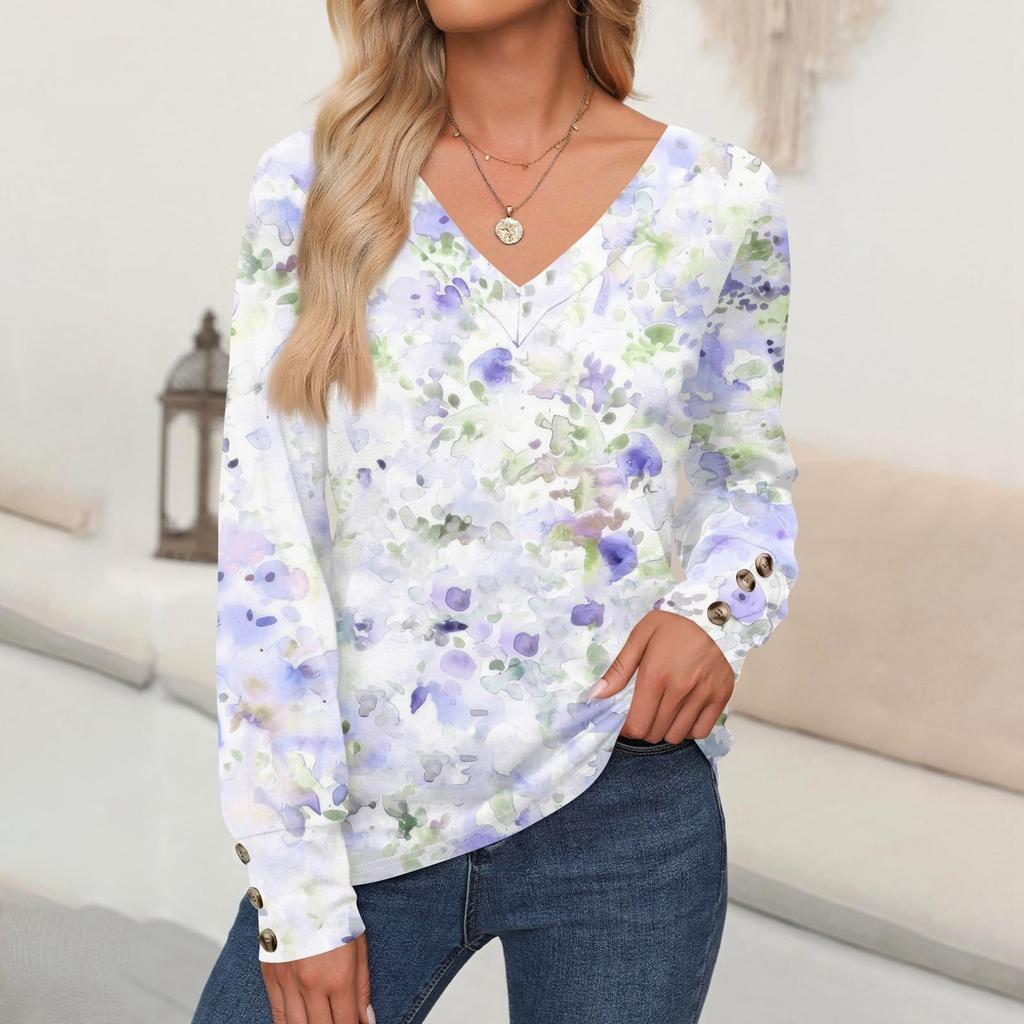 Женские топы с цветочным принтом, рубашка с длинным рукавом и V-образным вырезом, повседневная свободная футболка, осенняя одежда