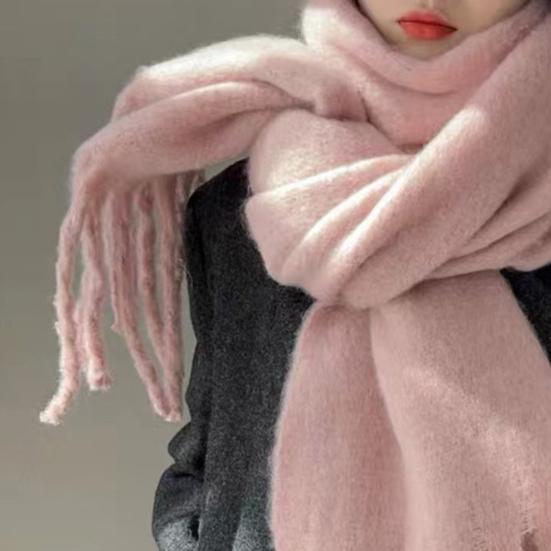 Women Winter Scarf Solid Color Lightweight Soft Warm Scarf with Tassel Trim Cold Weather Imitation Cashmere Scarf