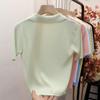 Women Summer Ice Silk Polo Collar Top Knitted Sweater T-shirt Top Unique Short-Sleeve Single-breasted Solid Color