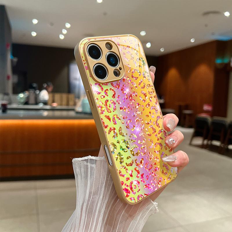 Премиальный стеклянный чехол с гальваническим покрытием для iPhone 17, 16, 15, 14, 13, 12, 11pm Pro Plus. Переливающийся леопардовый принт золото.