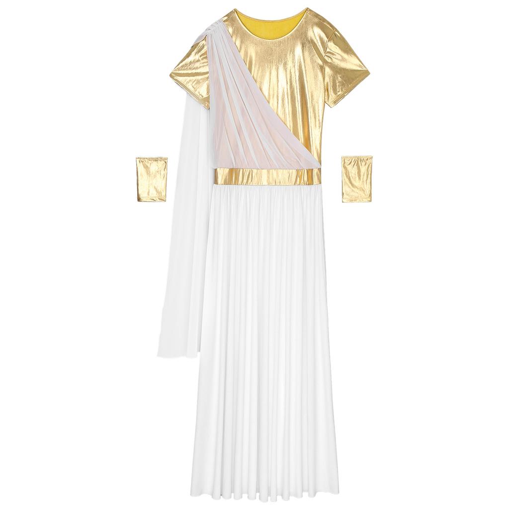 Мужской костюм тоги на Хэллоуин - Металлическая лоскутная туника-пуловер с перчатками и напульсниками для греческой/римской тематики