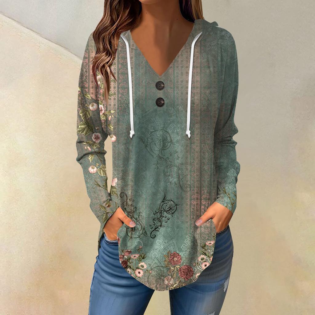 Женские повседневные модные однотонные толстовки с капюшоном на пуговицах и длинными рукавами с V-образным вырезом