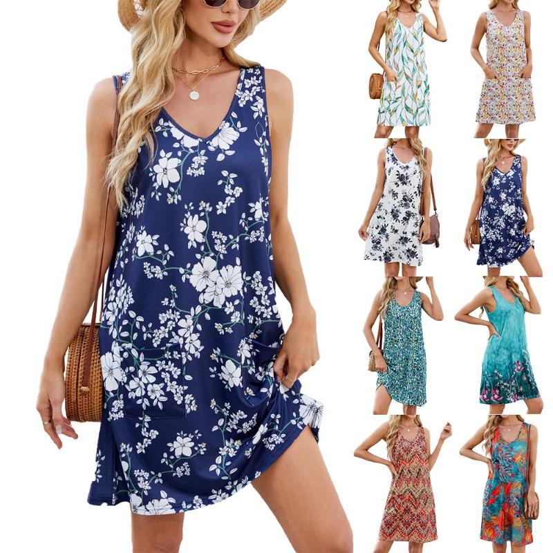 Женское летнее платье-жилет без рукавов с V-образным вырезом и цветочным принтом, платье с карманами