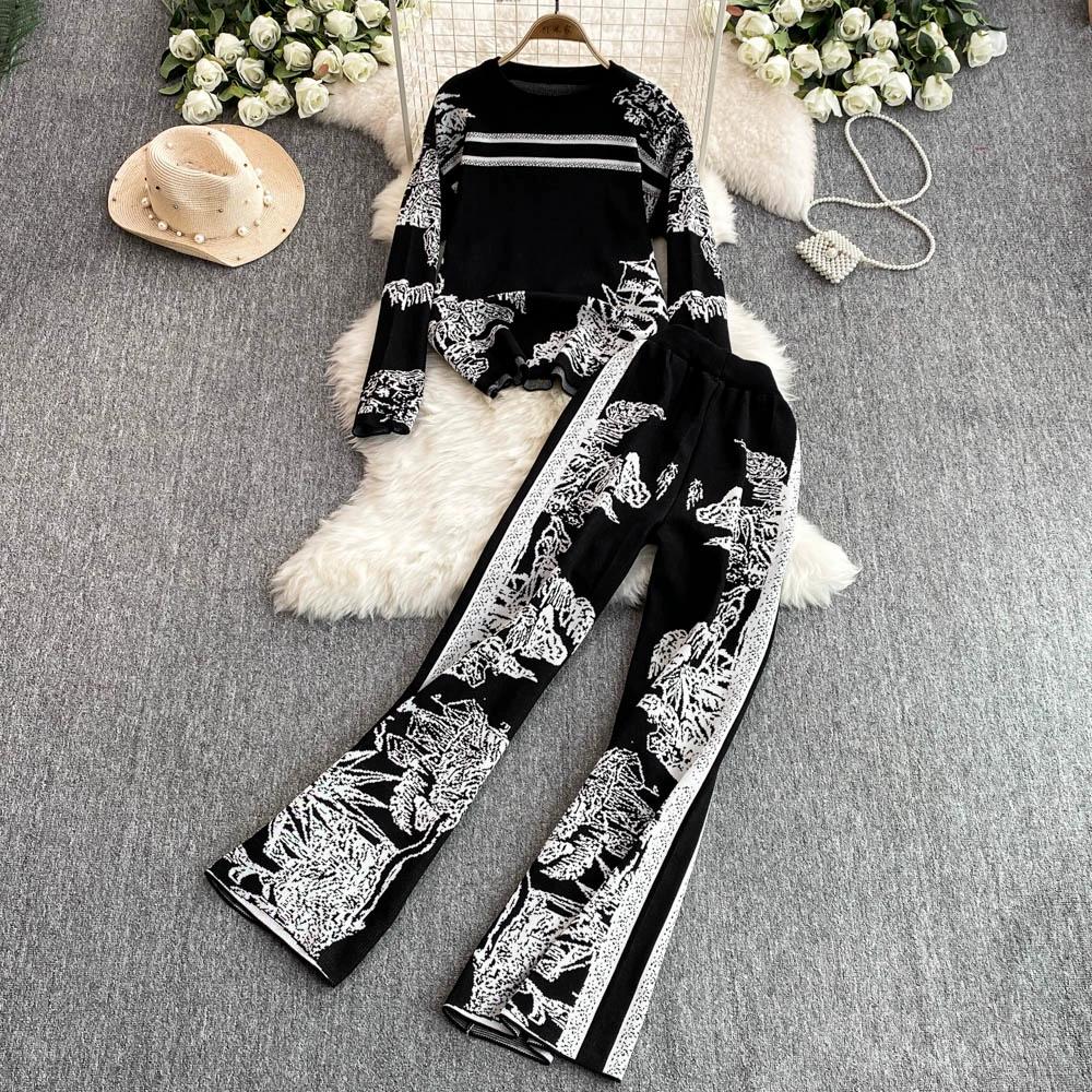 Осенне-зимний элегантный женский комплект одежды для отдыха из 2 предметов, трикотажные брюки, дизайнерский винтажный вязаный свитер с цветочным принтом