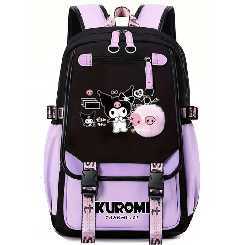 Kuromi Cartoon Backpack Students Teens Large Capacity School Bag USB Charging Port Hiking Travel Cycling