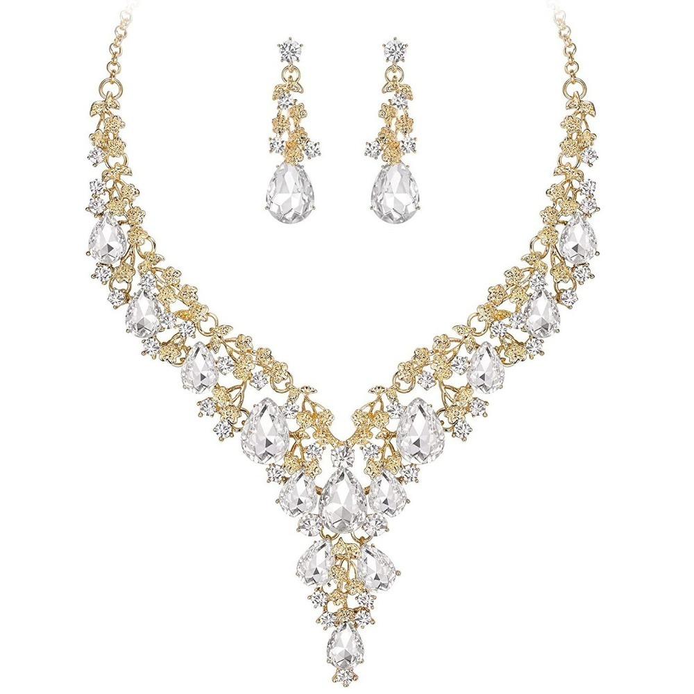 Rhinestone Crystal Necklace Earrings Shining Bridal Jewelry Set  Ball Banquet