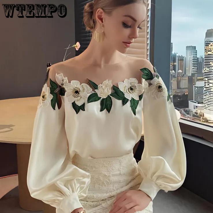 WTEMPO Весна-лето-осень сетчатые атласные блузки в стиле пэчворк женские элегантные вышитые топы с круглым вырезом и длинными рукавами-фонариками