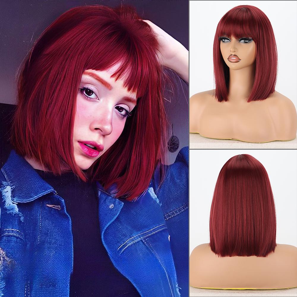 MISS WIG Женский короткий прямой фиолетовый парик до плеч с челкой из синтетического волокна, натуральный прямой парик Боб для косплея