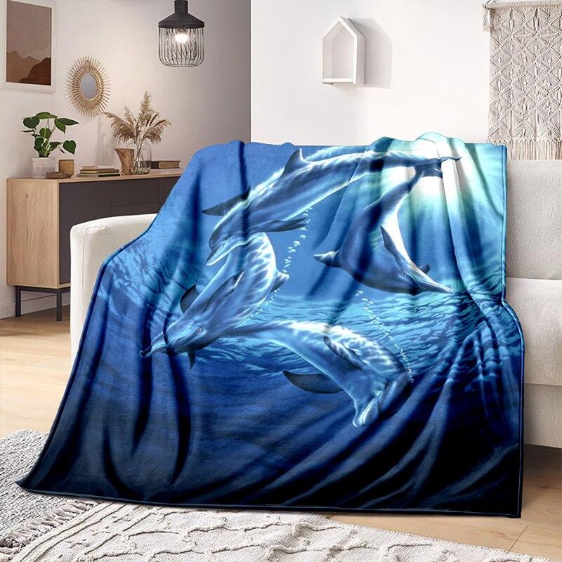 Underwater World Fish Dolphin Pattern Print Soft Flannel Blanket Sheet Sofa Office Air Conditioner Throw Blanket Gift