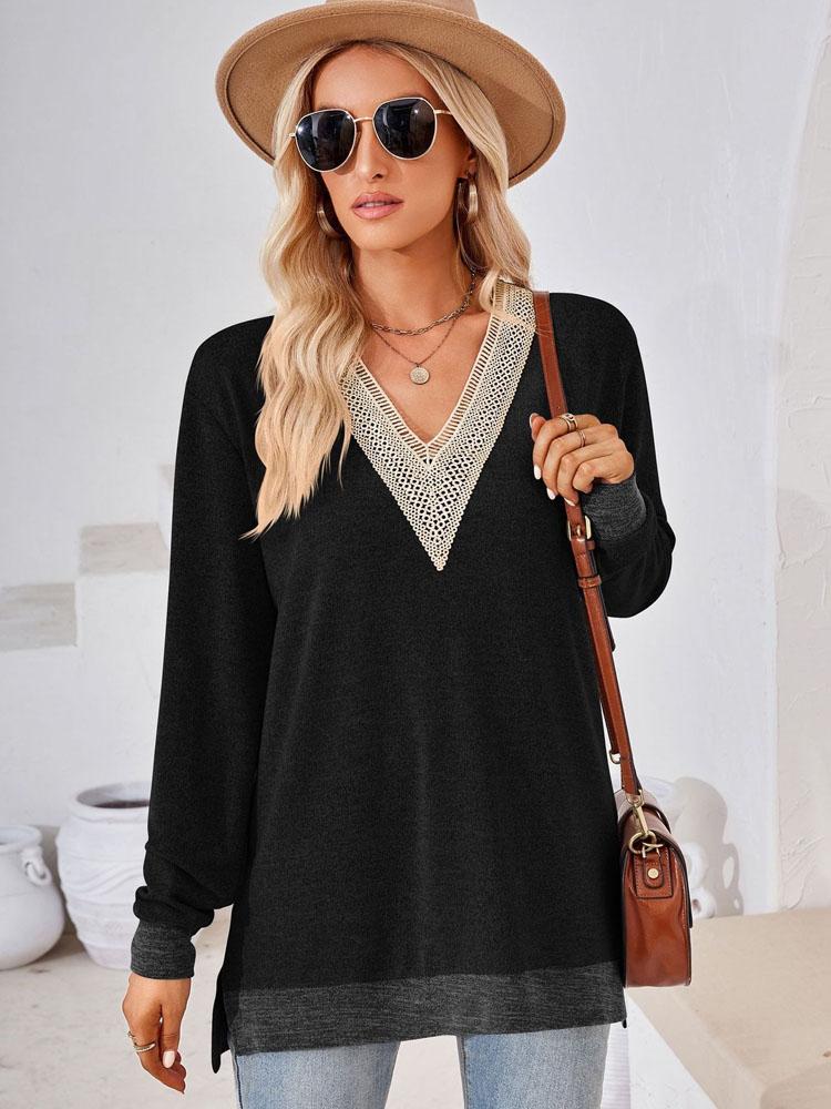 Элегантная и классическая универсальная и удобная осенне-зимняя свободная однотонная футболка с V-образным вырезом и кружевом, женская футболка с длинным рукавом