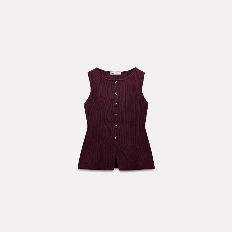 Весенняя модная женская одежда: Жилет и топ из свитера с пуговицами плоской строчкой