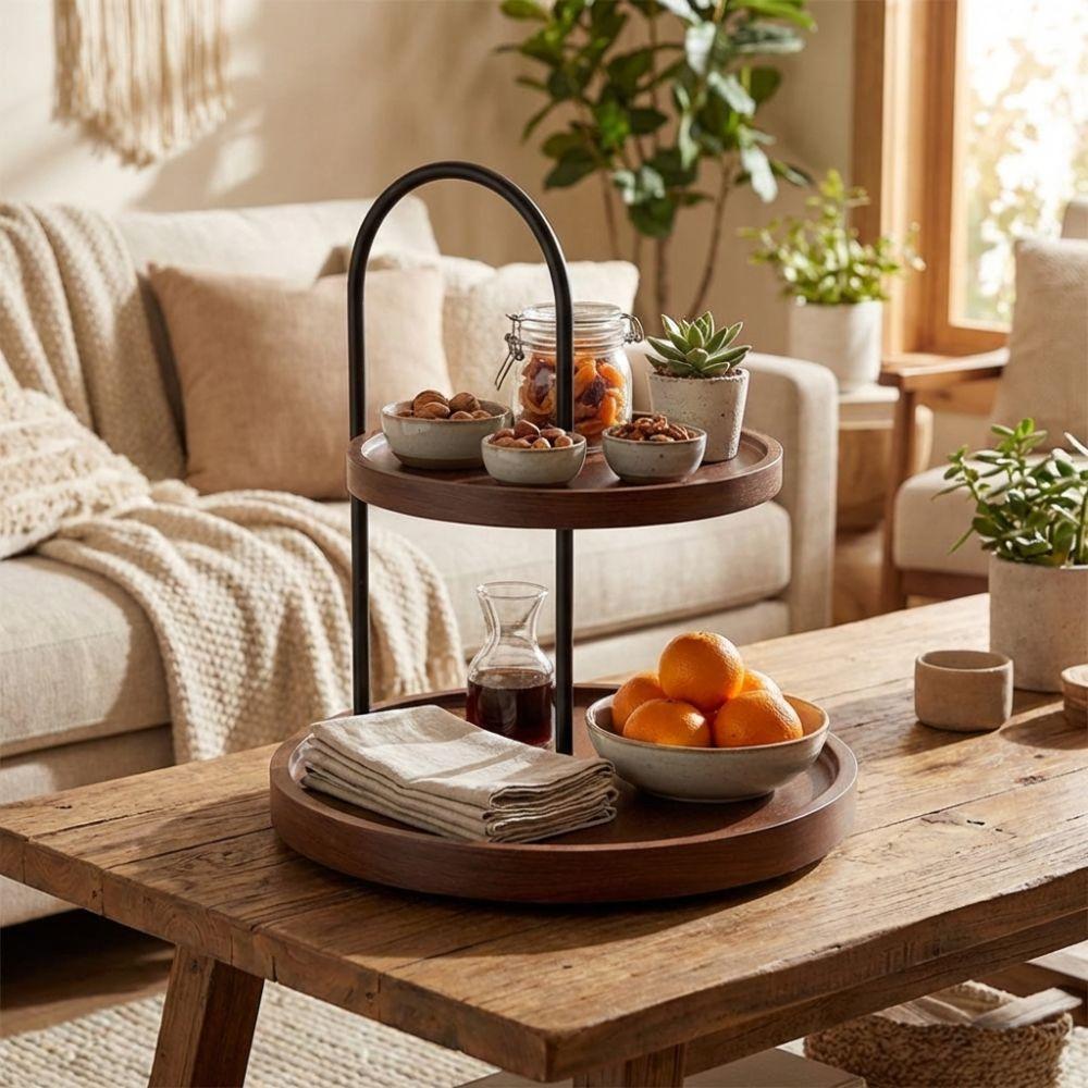 Wooden Serving Tray Stand Double Layer Decorative Jewelry Display Stand Space Saving Large Capacity Key Storage Rack