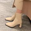 Fashion Square Toe Women Leather Ankle Boots Elegant High Heels Shoes Woman 2025 Trend Fashion Winter New Pumps Motorcycle Boots Mujer