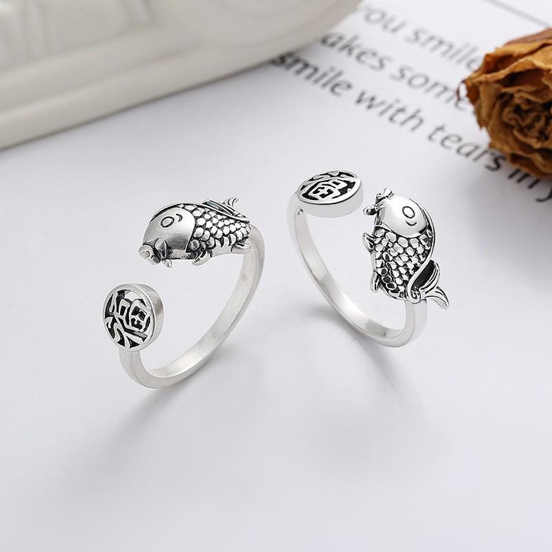 Adjustable Open Ring With Vintage Fortune Character Koi Fish Design Sterling Boho Retro Womens Statement Jewelry