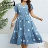 Женская мода лето весна с коротким рукавом V-образным вырезом с высокой талией повседневные платья