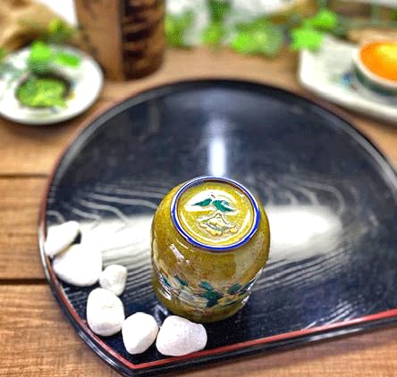 Керамическая чашка Kutani Small Yellow с золотой нитью, слива и птица, 170 мл [Чайная чашка] [Иллюстрация сзади]