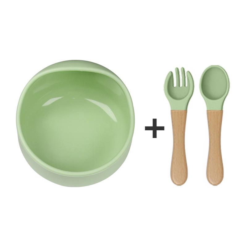 Силиконовый набор для кормления младенцев с присоской: Миска для улиток, ложка и вилка с деревянными ручками, легко моются.
