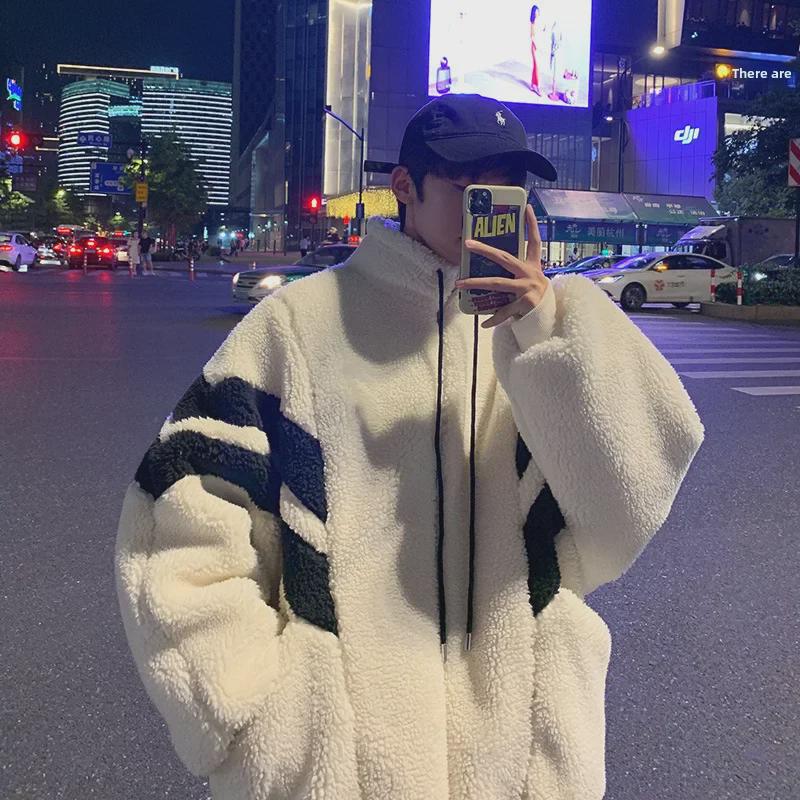 "2023 Men's Striped Stand Collar Lamb Wool Cotton Jacket - Niche Couple's Furry Coat"