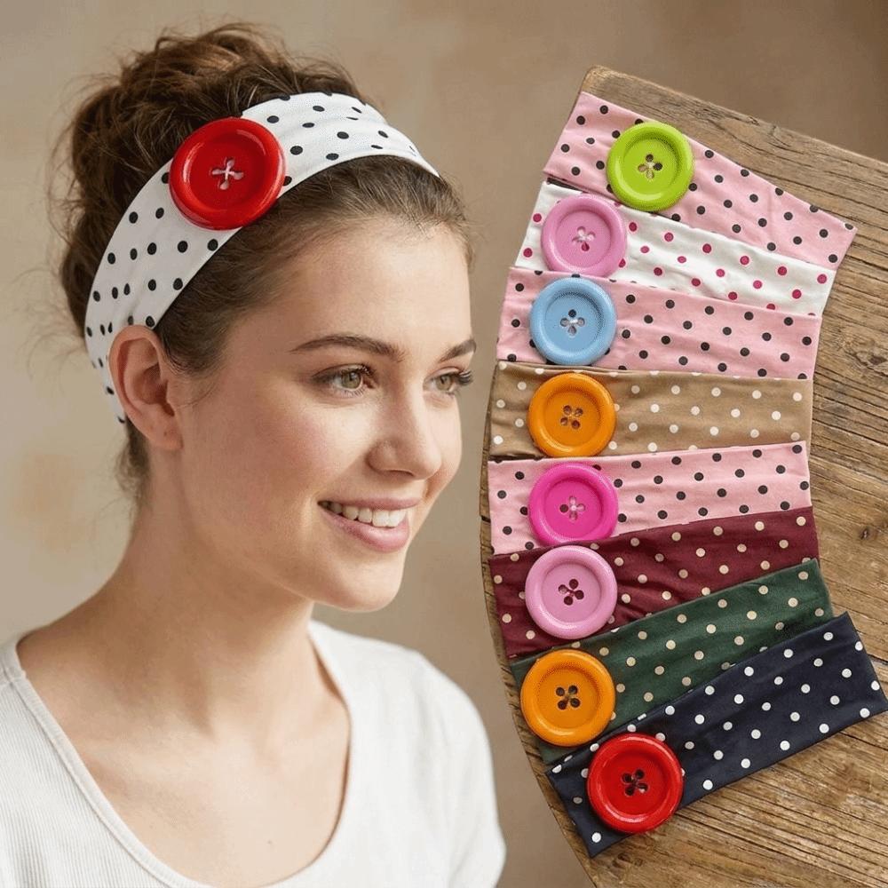 Dopamine Color Elastic Head Wrap Large Button Yoga Hairband Fashionable Polka Dot Headband Daily