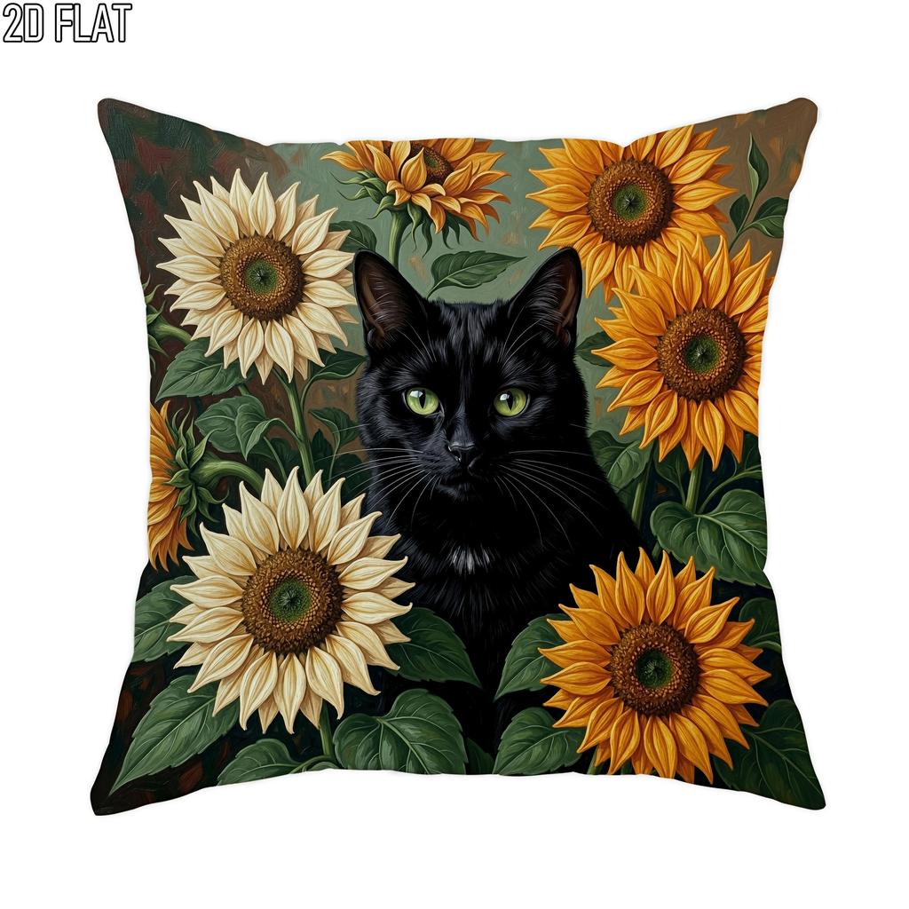 2D Flat - 1pc 2D Flat Throw Pillow Covers Autumn Black Cat Sunflowers Floral Art Green Yellow Orange Soft Velvet Washable Pattern Pillow Covers for Li