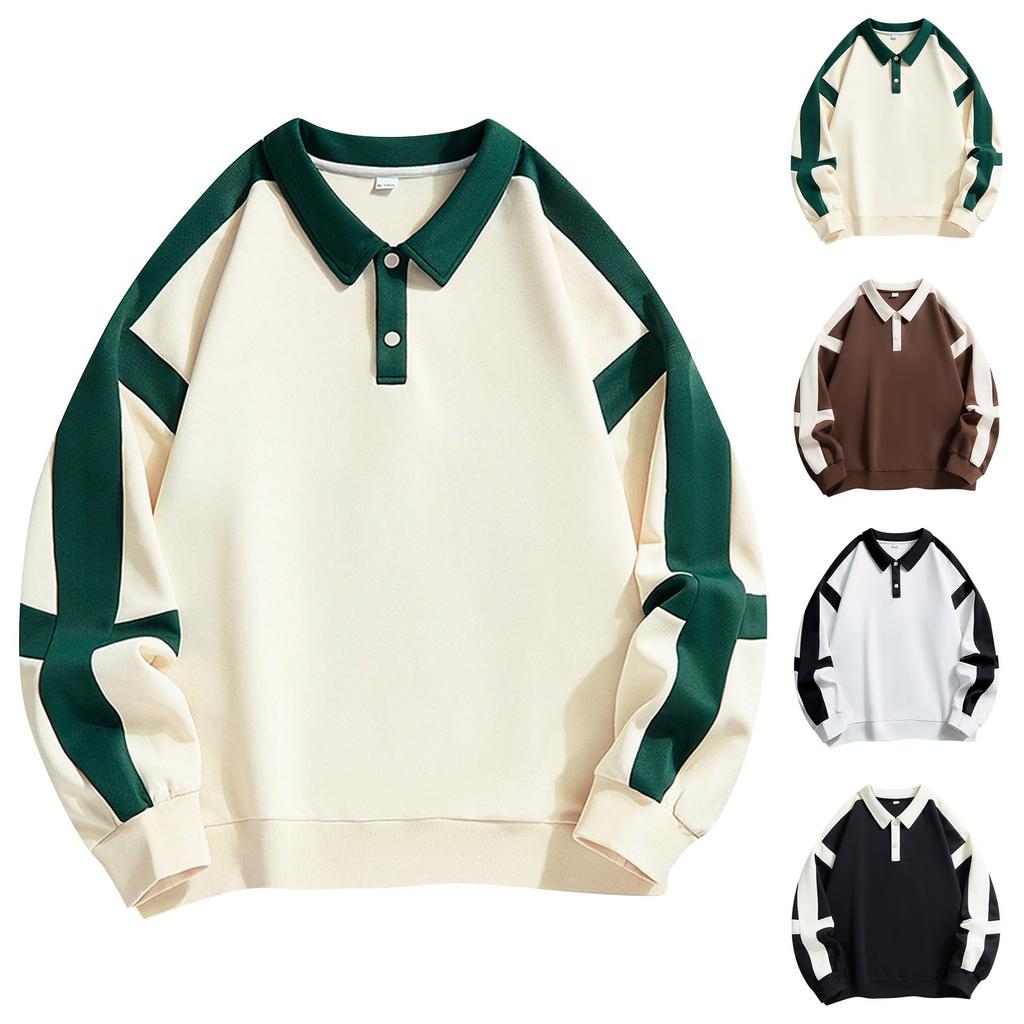 Men's Sweatshirt Lapel Drop Shoulder Sweatshirt Fashion Trend Color Block Collar Tube Neck Pullover