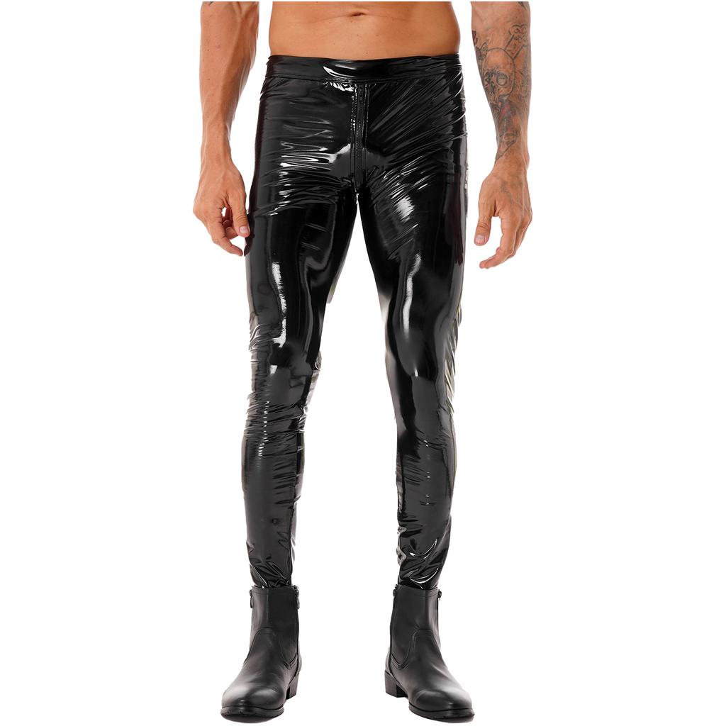 Mens Two Way Zipper Pants Wet Look Patent Leather Skinny Fit Clubwear