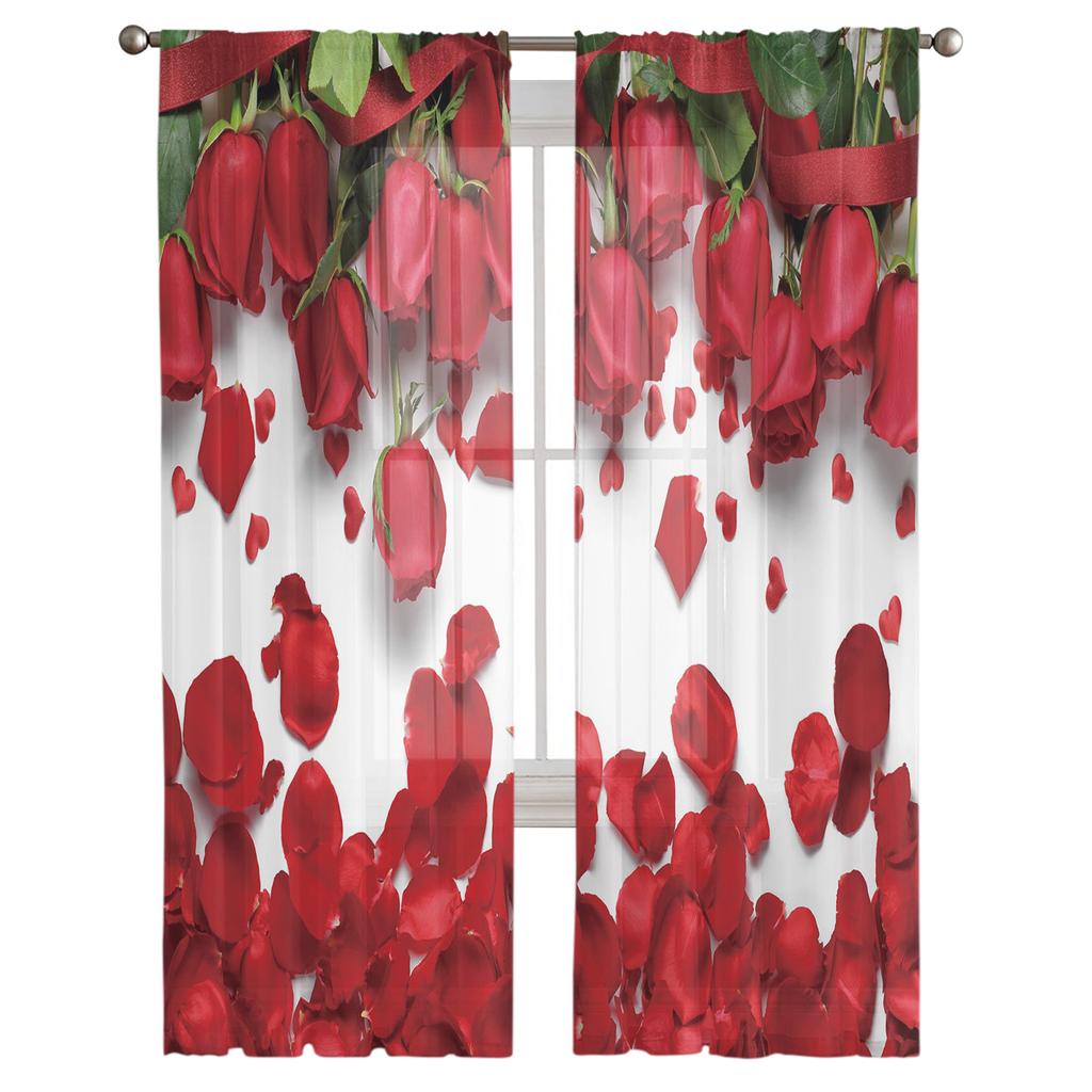 Красная роза, зеленый лист, растение, красивые прозрачные шторы для гостиной, спальни, украшения, оконная вуаль, утренняя тюлевая занавеска