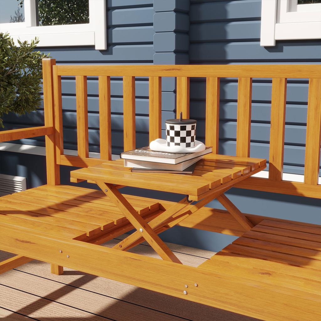 Wooden Bench with Liftable Middle Table, Outdoor Bench, Patio Loveseat for Porch, Garden, Seats 2-3 People