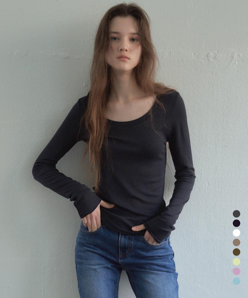 CITTA Contrast Stitch Soft U-Neck Long Sleeve T-Shirt_Ctt393(8Color) (A Type)