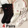 4 Pairs Pleated Side Cherry Pattern Women Round Neck Socks Soft Comfortable Sweat Absorbent Breathable Fashionable Casual Socks