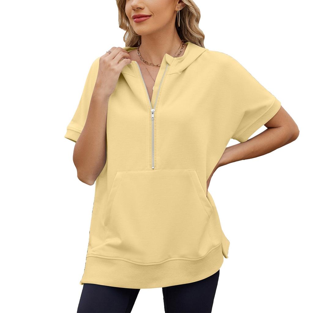 Женская мода однотонный свободный короткий рукав с капюшоном и карманом на молнии