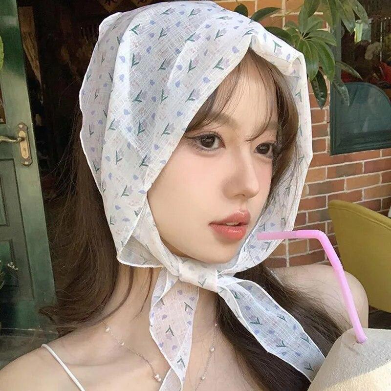 Шарф для волос с цветочным принтом, повязка на голову, бандана, женский летний тонкий шифоновый солнцезащитный платок, ретро треугольный шарф, тюрбан