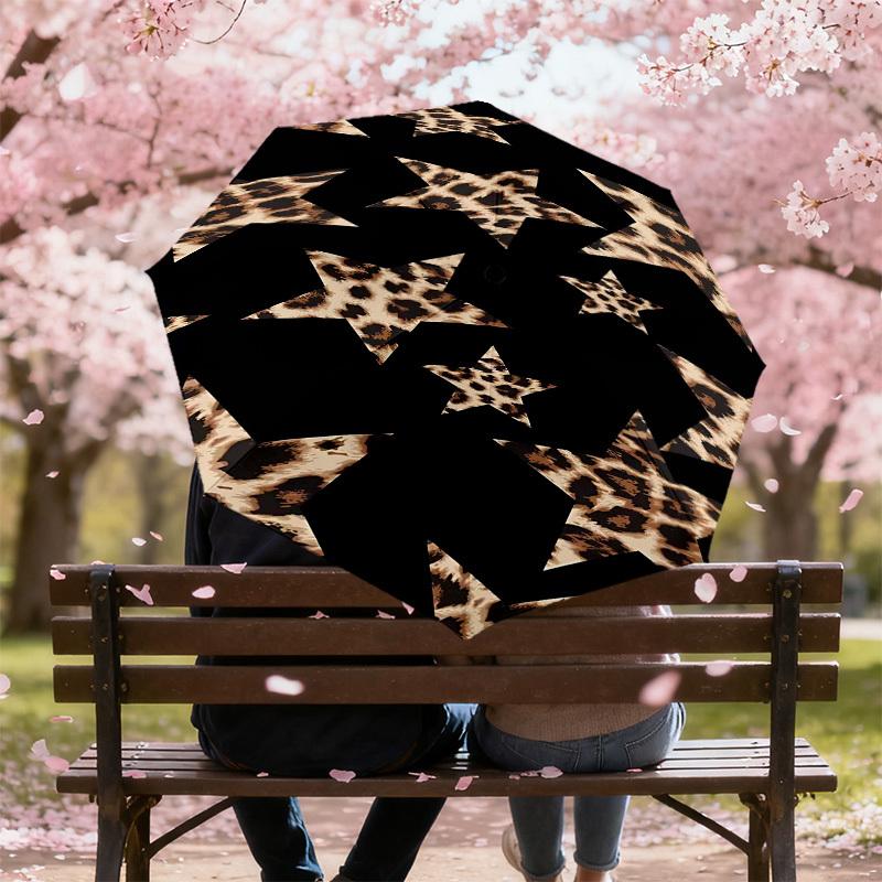 1PC Leopard Print Stars Umbrella-8-Rib Reinforced, Automatic Open, Lightweight & Durable, Cute Fashion Accessory for Outdoor, Beach or Casual Use, Bea