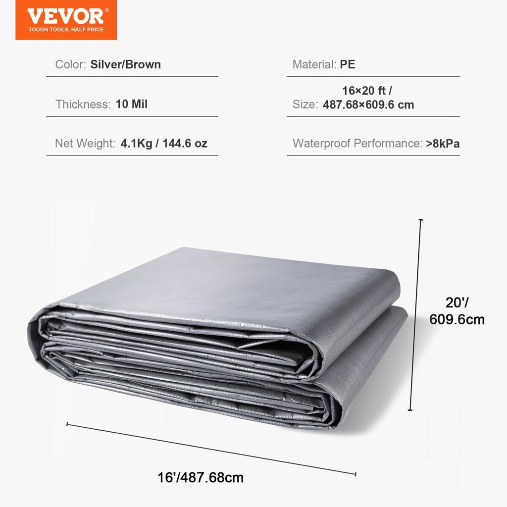 Tarp Waterproof 16x20 ft, Plastic Poly Tarp Cover 10 Mil, Multi Purpose Tear UV and Temperature Resistant Outdoor Tarpaulin with High Durability