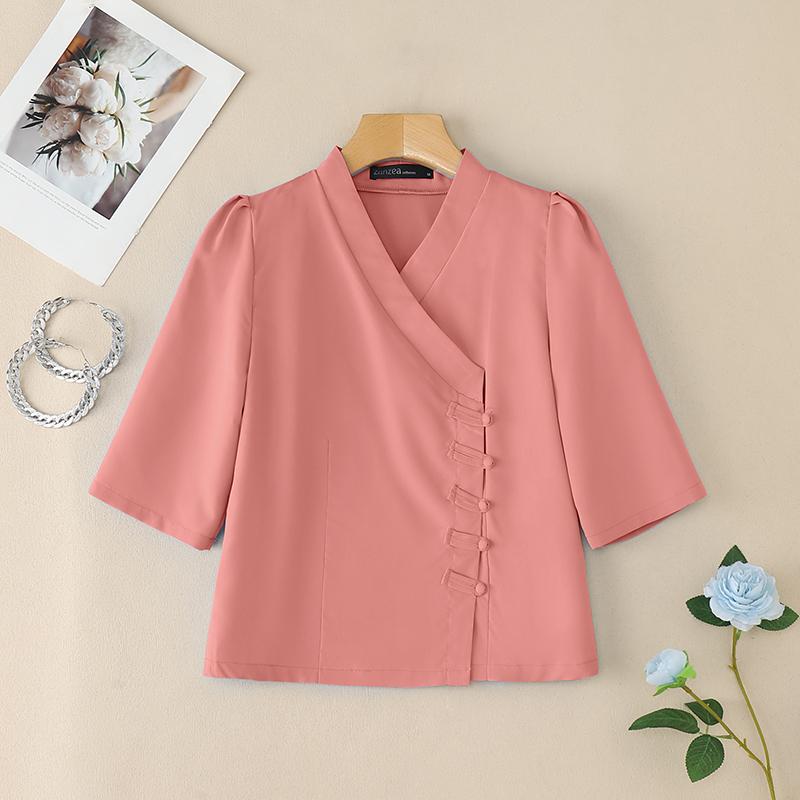 ZANZEA Женская летняя блузка с V-образным вырезом, однотонная, с рукавом до локтя