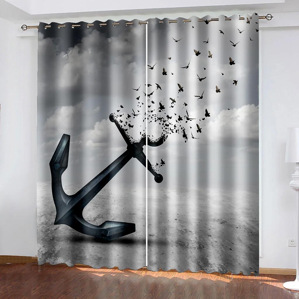 Главная Морской узор якоря Высокие затемняющие шторы Раздвижные стеклянные двери Спальня Гостиная Плотная затемняющая штора Новый стиль Shade