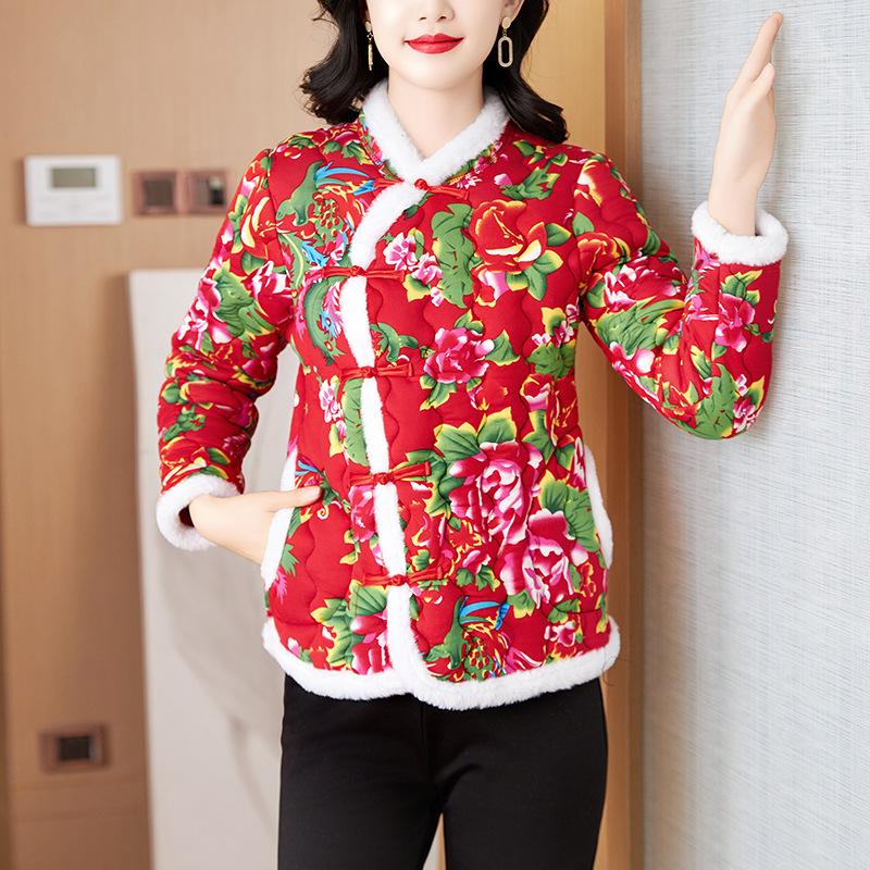 Зимняя новинка, китайская цветочная куртка с длинными рукавами, женственное ретро-пальто с хлопковой подкладкой