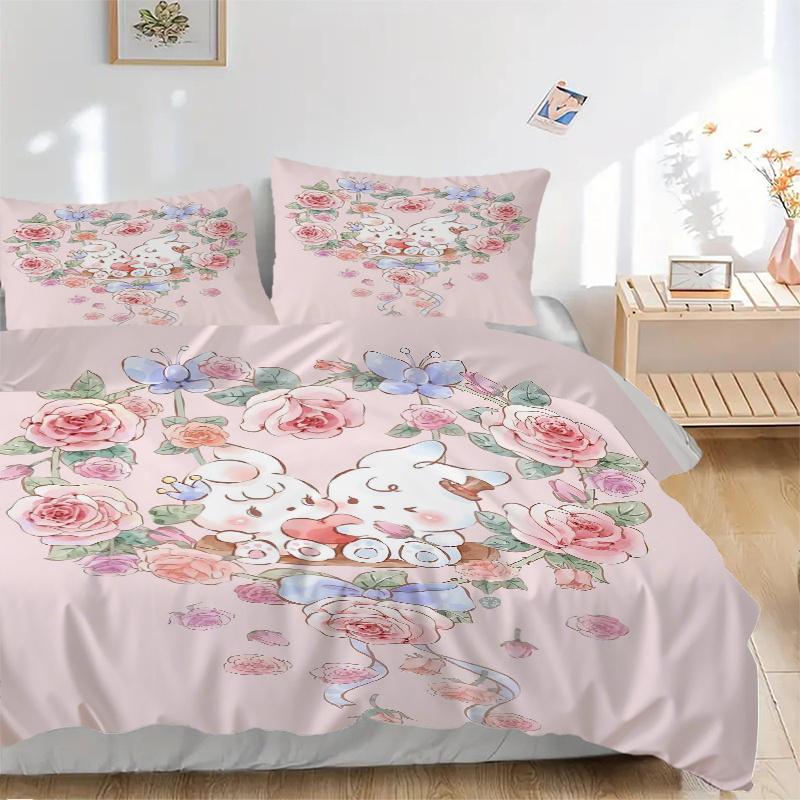 3pcs Love Flowers & Bunnies Printed Quilt Set - Soft and Comfortable Quilt Cover for Bedroom, Guest Room and Dormitory Decorative Bedding Se