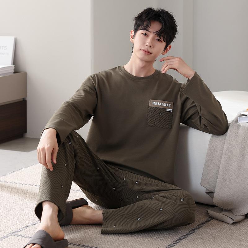 Pajamas Men'S Pure Cotton Long-Sleeved Spring And Autumn Casual Pullover High-End Simple Loungewear Large-Size Set