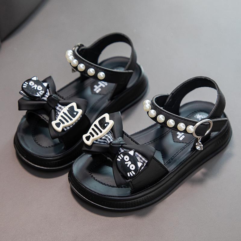 Girls Beach Shoes Non-slip Soft Sole Kids Princess Shoes Cute Cat Sweet Bows 2025 Summer New Children Sandals Beading Elegant