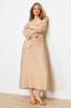 Women's Fashion New Hijab Dress Light Brown Wide Belted Zipper Cuffed Woven Linen Look Dress