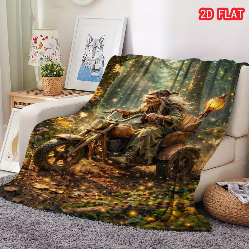 Enchanted Forest Witch on Motorcycle Flannel Blanket, Soft Warm Throw for Kids Bedroom