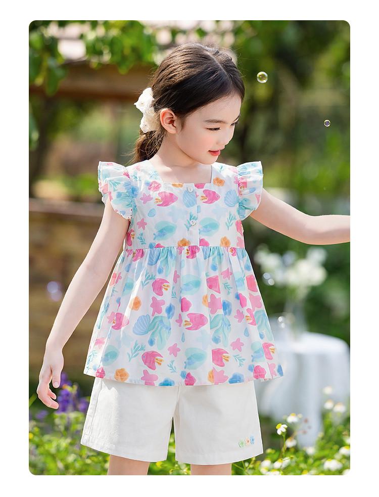 Ocean style printed girls' set summer new doll shirt shorts two-piece set children's pure cotton small fly sleeves summer outfit