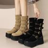 Модные супер высокие каблуки Ретро полусапоги Женские с круглым носком Заклепки Платформа Увеличенная Металлическая пряжка Боковая молния Рыцарские сапоги