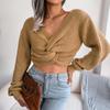 New Crop Tops Women Knitted Sweaters Autumn Winter V-neck Ladies Warm Pullover Sweaters Vintage Sexy Short Style Tops