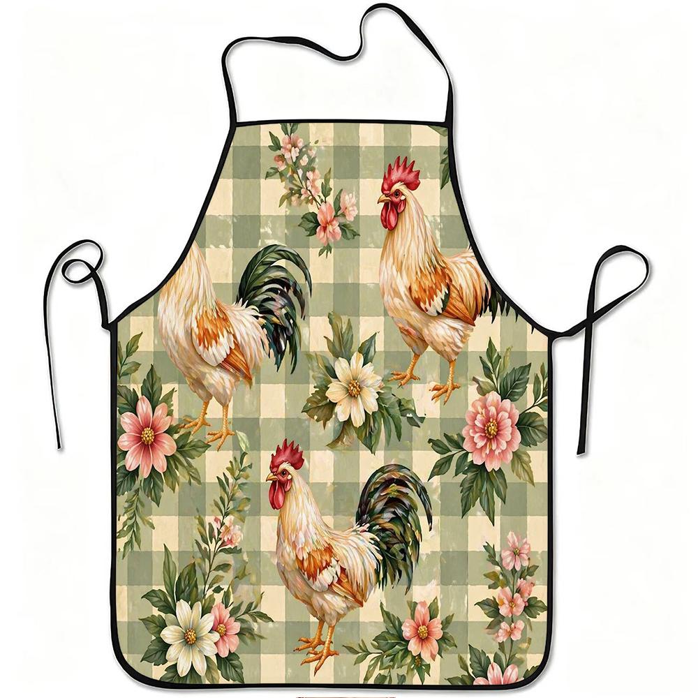 1pc Rooster Flower Plaid Pattern Print Apron, Durable and Easy to Clean, Adjustable Waistband, Polyester Material, for Kitchen Cooking, Gardening, Orc