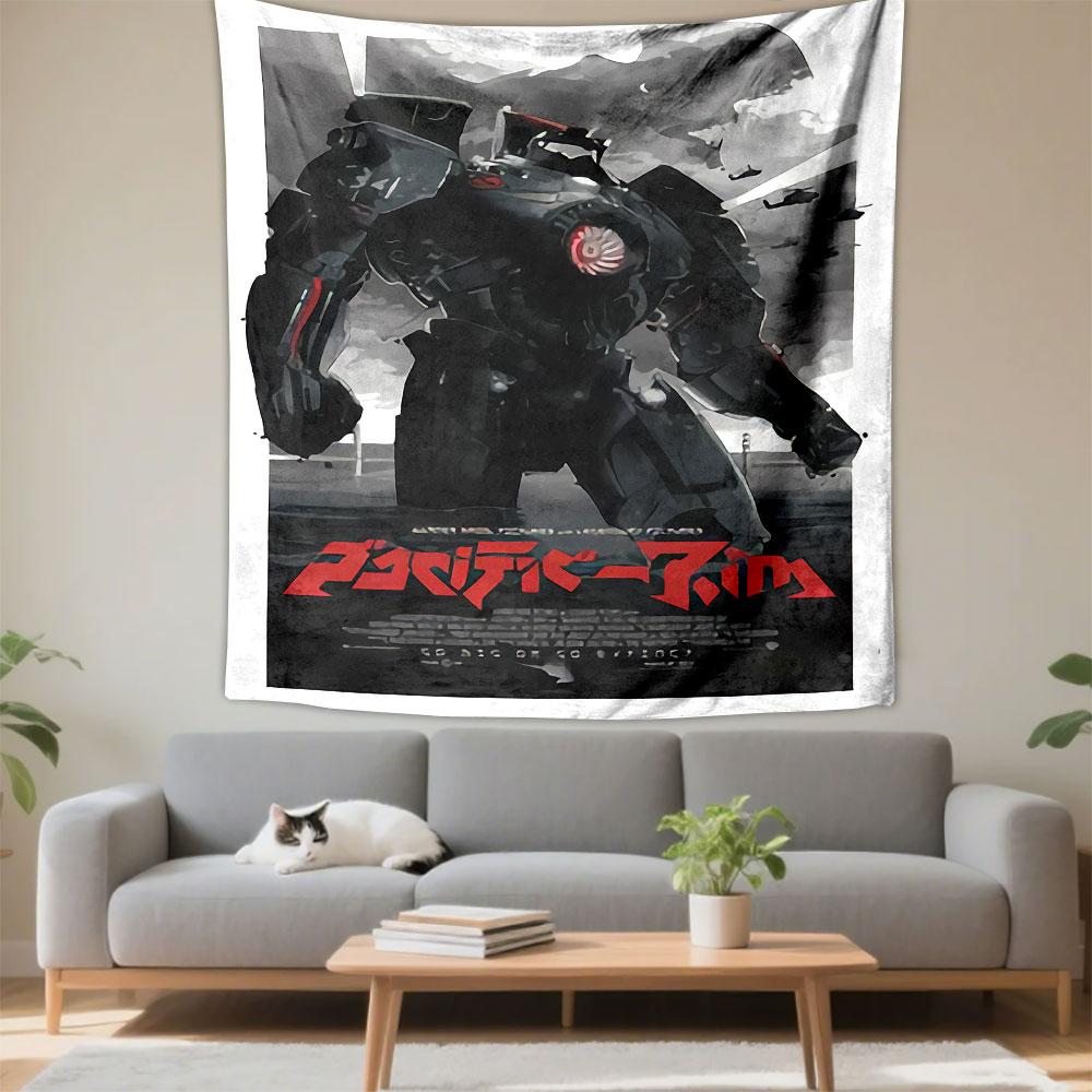 Pacific Rim Japanese Poster Tapestry Wall Hanging, Kaiju Robot Battle Film Art, Sci-Fi Wall Decor for Bedroom Living Room Man Cave