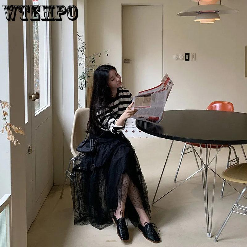 WTEMPO Корейские сетчатые юбки трапециевидной формы в горошек, женские летние длинные элегантные тюлевые юбки, свободные повседневные черные кофейно-марлевые юбки-торты