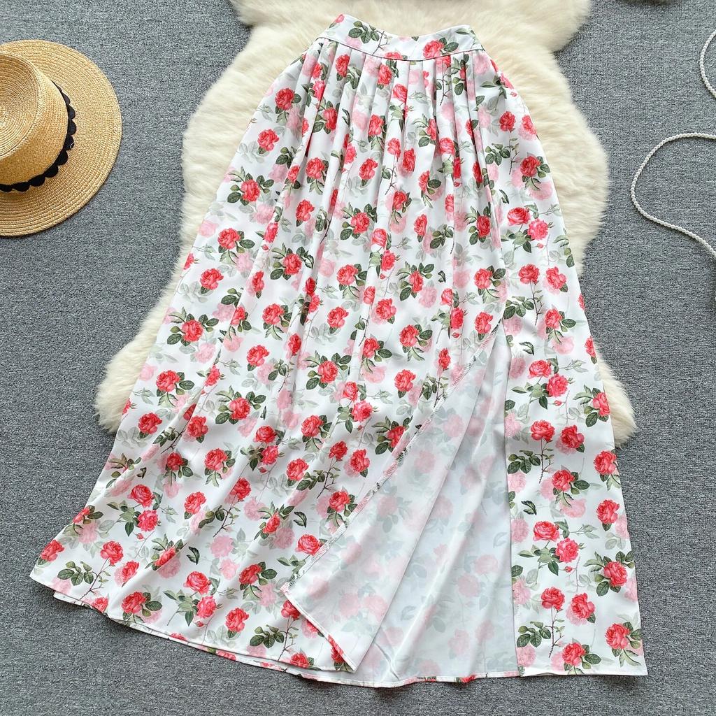 Женский комплект с милым принтом, короткая майка, универсальная плиссированная длинная юбка с высокой талией, праздничный комплект из двух предметов